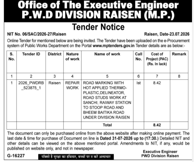 Tender Notice - P.W.D. Division Raisen (M.P.)