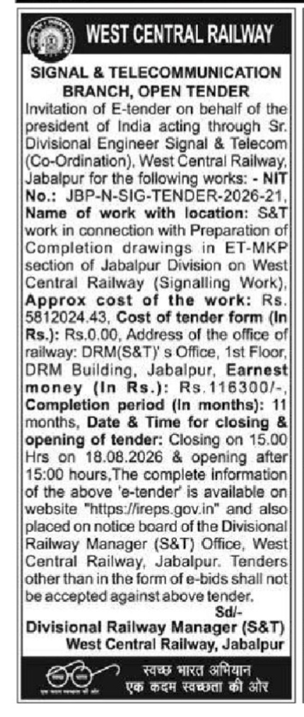 Tender Notification: S&T Work for Preparation of Completion Drawings (West Central Railway)