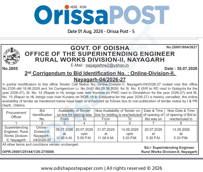 Tender Rescheduling Notice - Rural Works Division-II, Nayagarh