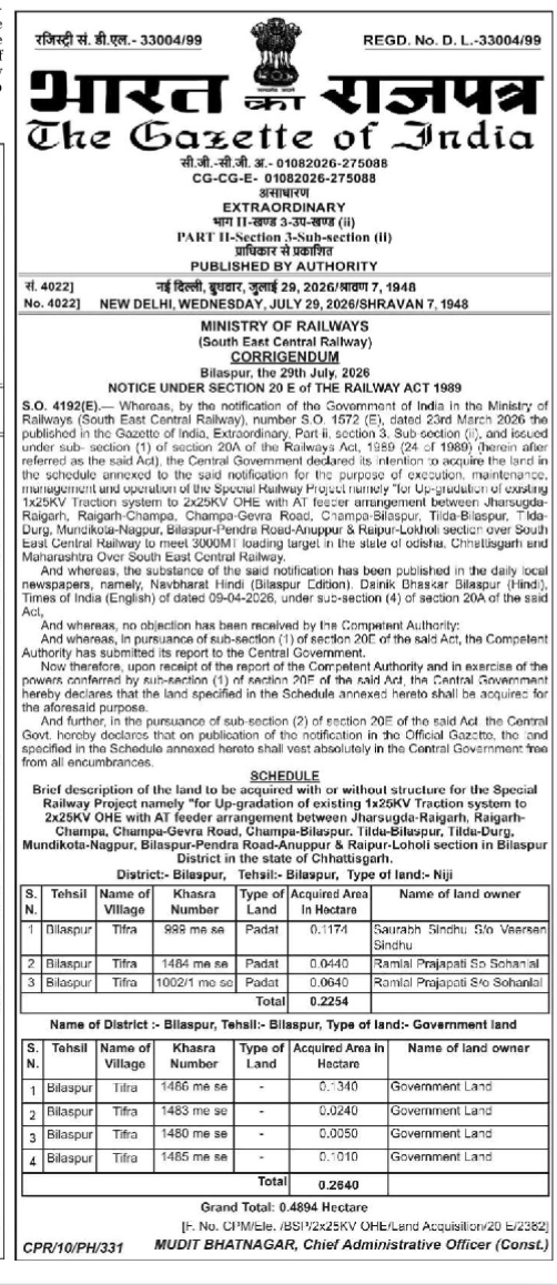 The Gazette of India: Ministry of Railways (South East Central Railway) Corrigendum & Land Acquisition Notice under Section 20E of The Railway Act, 1989 (July 29, 2026)