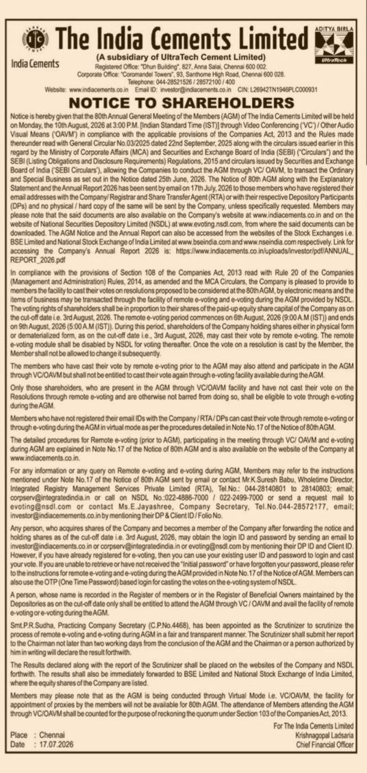 The India Cements Limited: 80th AGM Notice to Shareholders (2026)