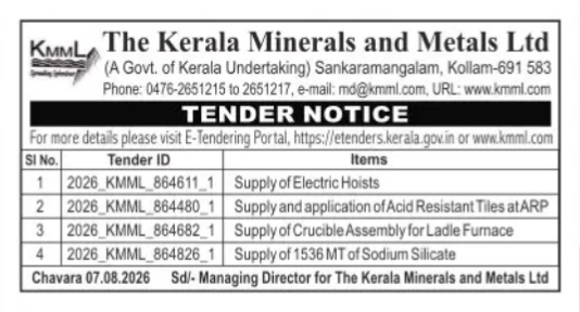 The Kerala Minerals and Metals Ltd (KMML) Tender Notice