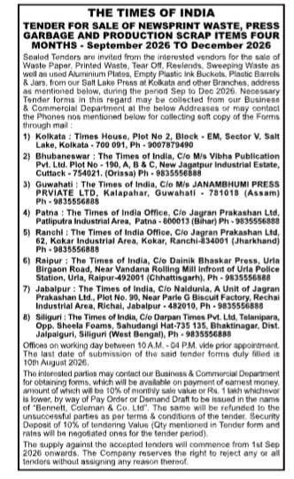 The Times of India Commercial Scrap Tender (Sept – Dec 2026