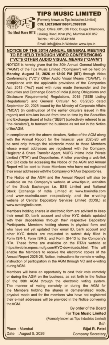 Tips Music Limited 30th AGM Notice (August 31, 2026)