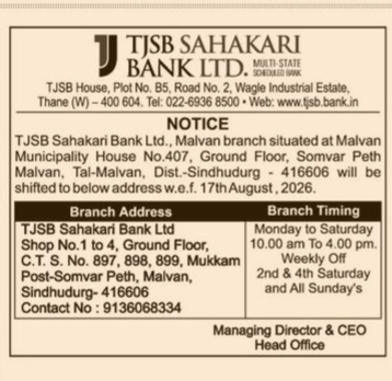 TJSB Sahakari Bank Malvan Branch Relocation Notice