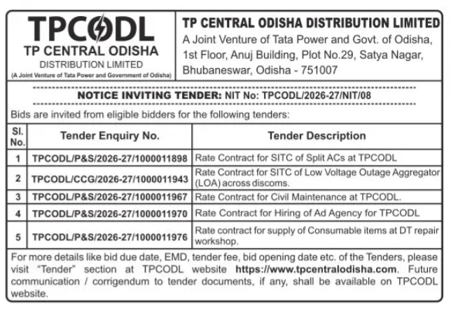 TPCODL Notice Inviting Tender (NIT No: TPCODL/2026-27/NIT/08)