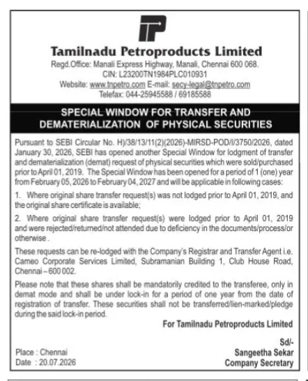 TPL Public Notice: Demat and Transfer Special Window (2026–2027)