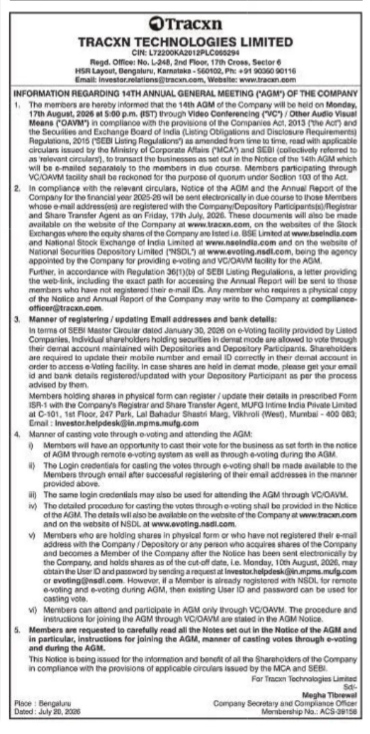 Tracxn Technologies Limited: Notice of 14th Annual General Meeting (AGM)