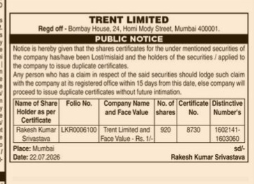 Trent Limited - Public Notice for Lost Share Certificates