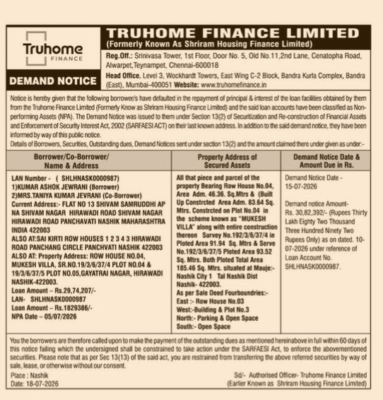 Truhome Finance Limited Demand Notice (SHLHNASK0000987)