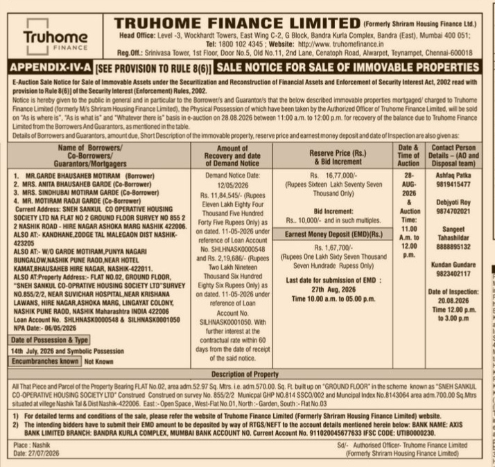 Truhome Finance Limited E-Auction Sale Notice for Immovable Properties (July 2026)