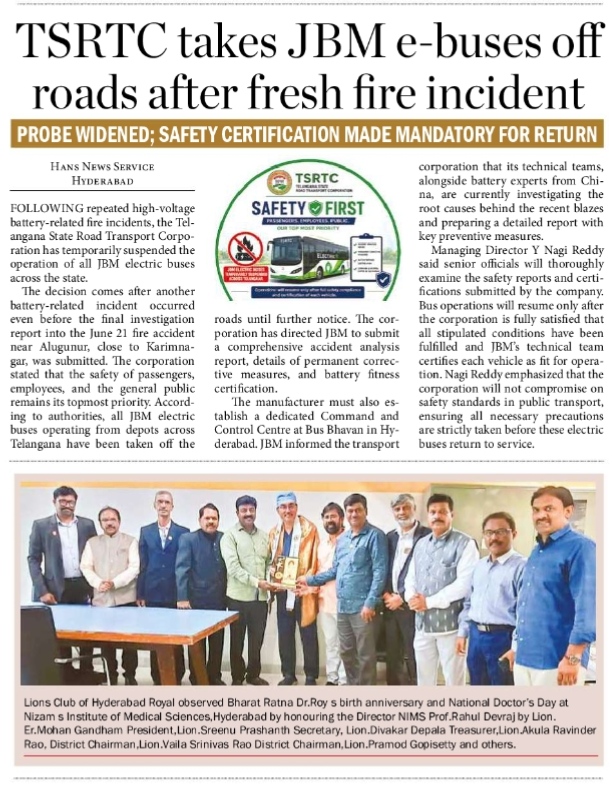 TSRTC takes JBM e-buses off roads after fresh fire incident