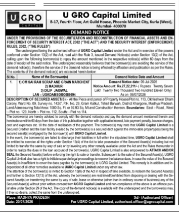 U GRO Capital Limited Demand Notice for OM SAI RAM SCRAP AND GRAIN MARCHANT