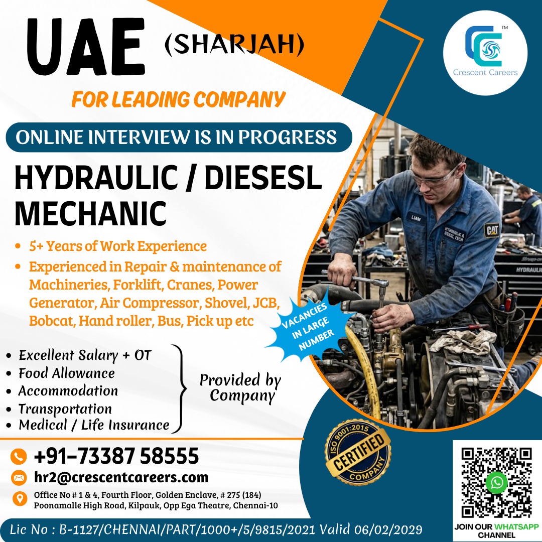 UAE Job Vacancy: Hydraulic & Diesel Mechanics