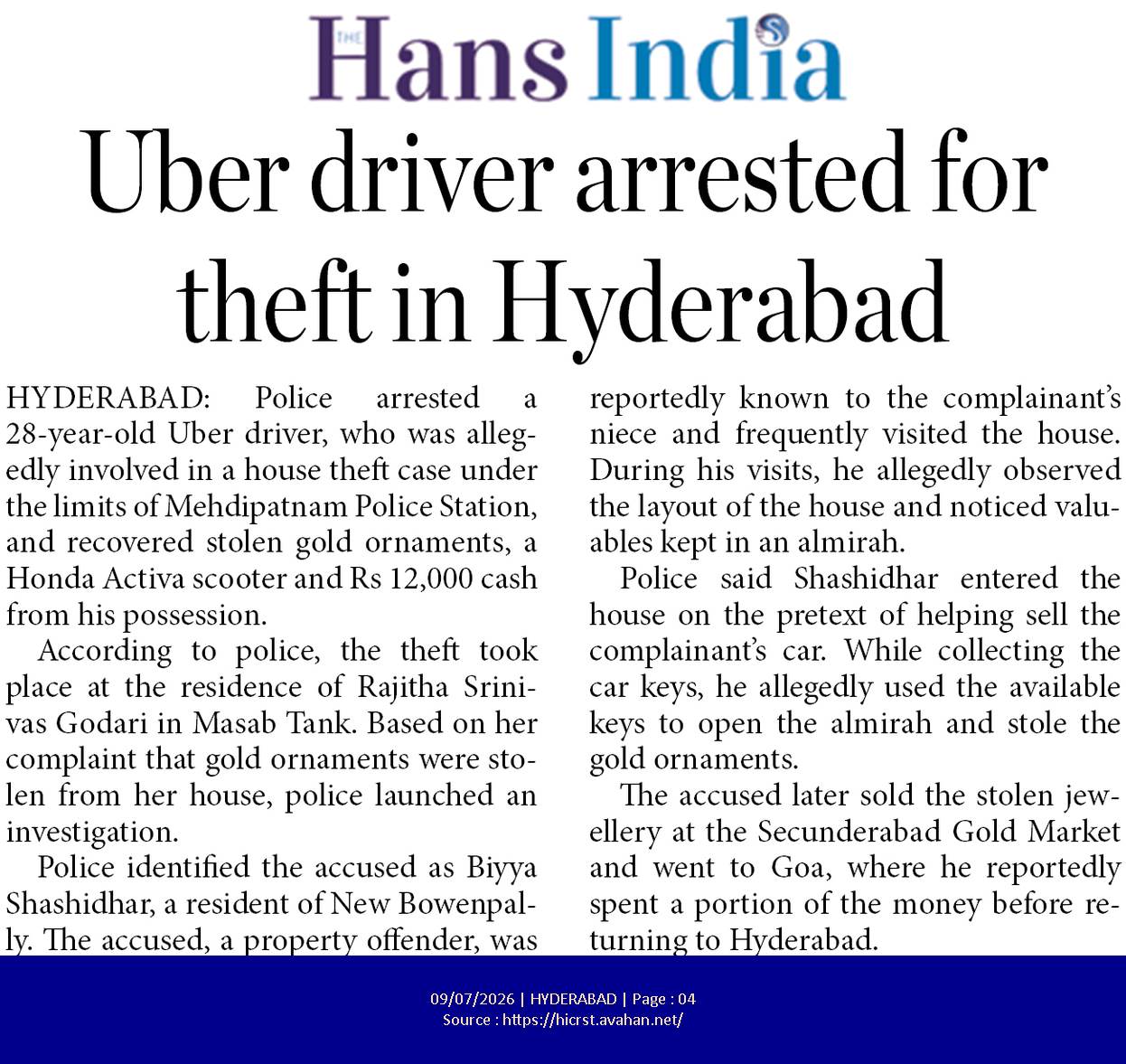 UBER DRIVER ARRESTED FOR THEFT