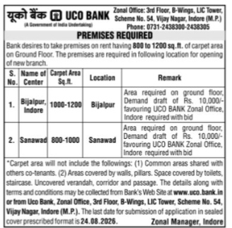 UCO Bank Indore Zone Premises Required Advertisement 2026