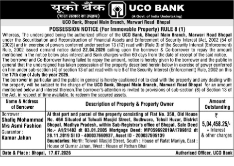 UCO Bank Possession Notice for Shaliq Mohammad (Asmi Fashion)