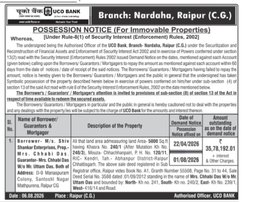 UCO Bank Possession Notice (Nardaha, Raipur Branch)