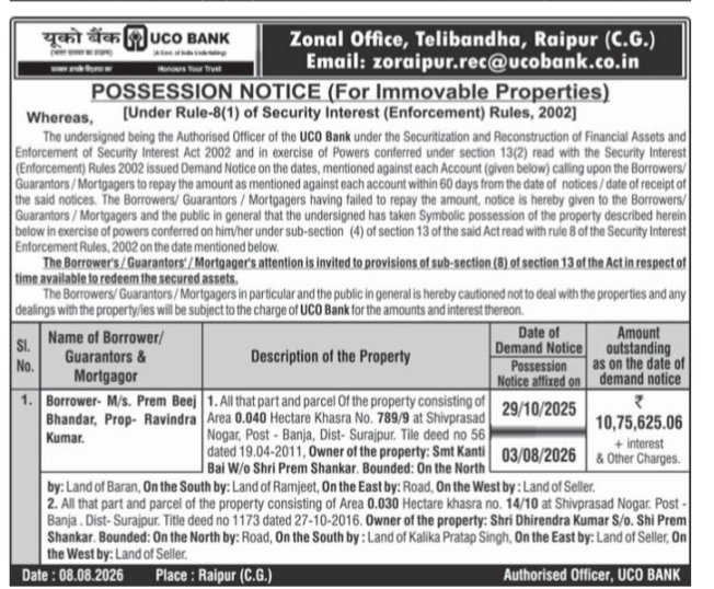 UCO Bank Possession Notice (Raipur)