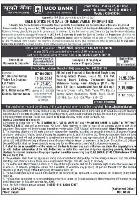 UCO Bank Property E-Auction Sale Notice (Jabalpur, 2026