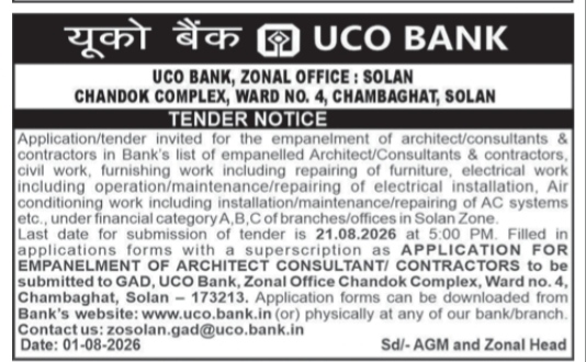 UCO Bank Solan Zone Empanelment Tender Notice 2026