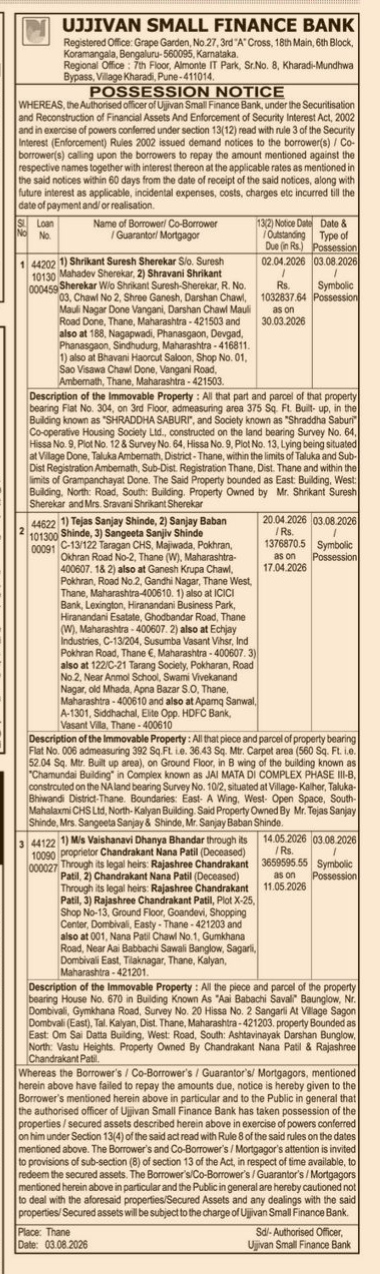 Ujjivan Small Finance Bank Possession Notice