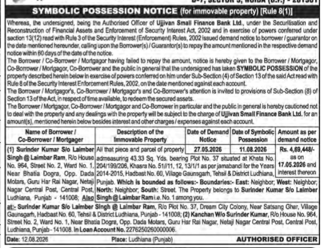 Ujjivan Small Finance Bank Possession Notice