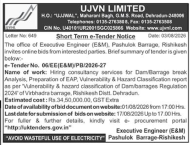 UJVN Limited Short Term e-Tender Notice for Virbhadra Barrage Consultancy Services
