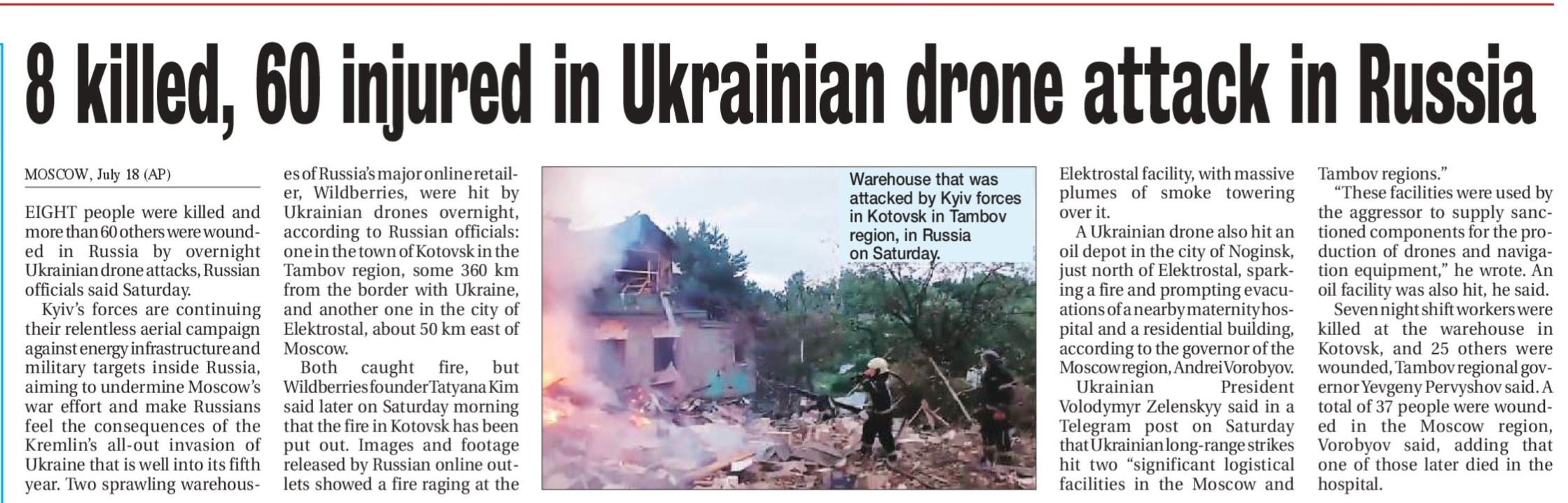 Ukrainian Drone Strikes Hit Russian Warehouses and Oil Depot