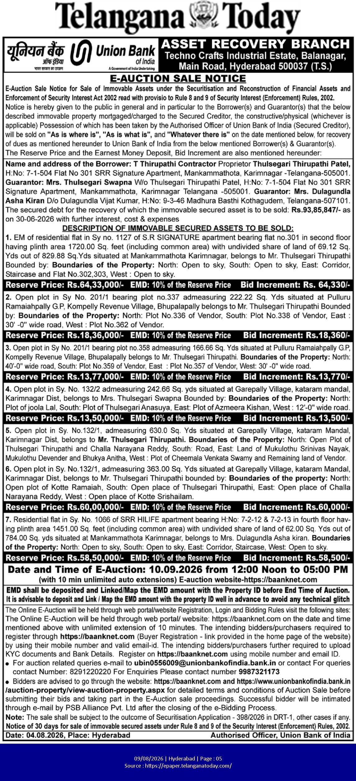Union Bank of India Asset Recovery Branch E-Auction Sale Notice