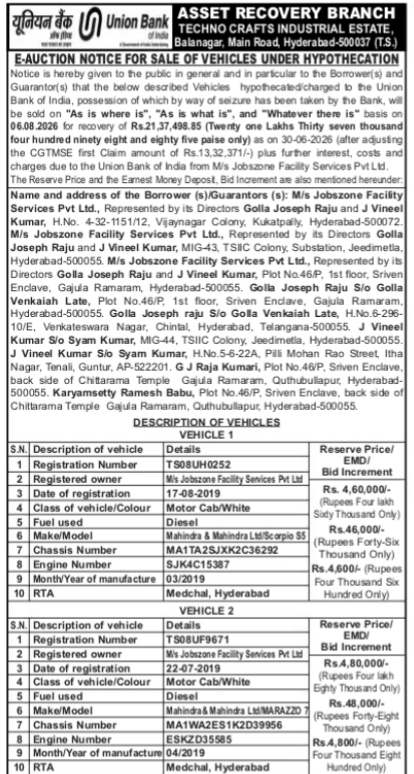 Union Bank of India E-Auction Notice for Vehicle Sale (August 2026)