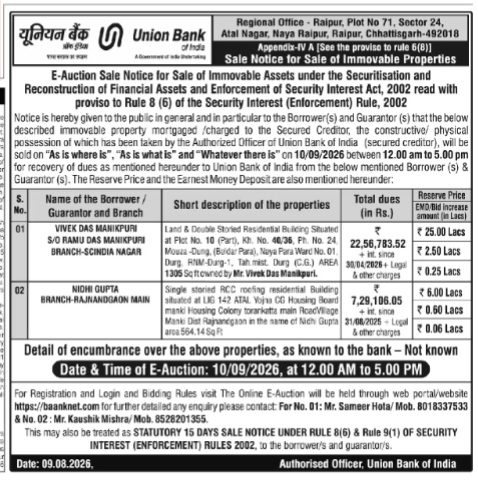 Union Bank of India E-Auction Sale Notice for Immovable Assets