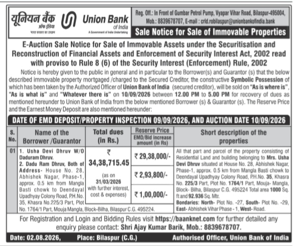 Union Bank of India E-Auction Sale Notice for Immovable Properties