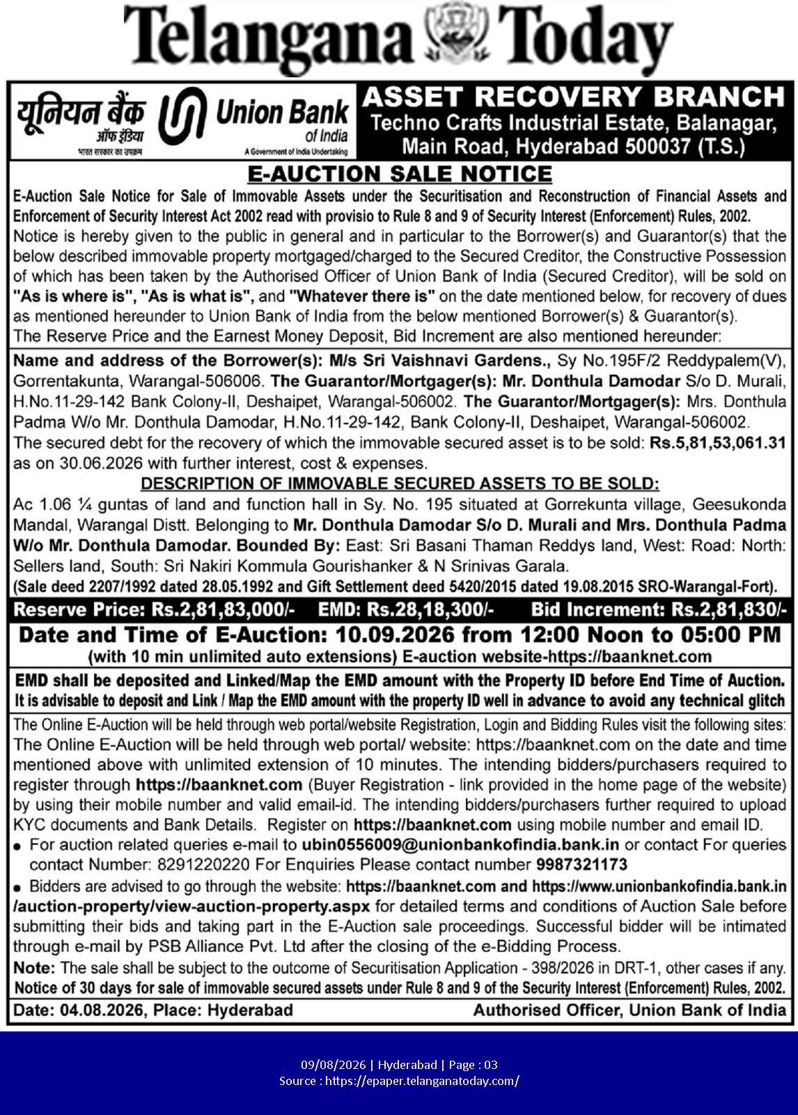 Union Bank of India E-Auction Sale Notice (Telangana Today)