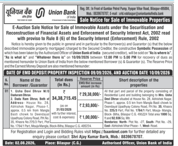Union Bank of India E-Auction Sale Notice