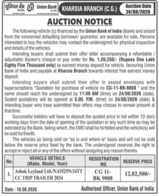 Union Bank of India Kharsia Branch Auction Notice