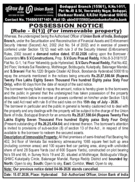 Union Bank of India Possession Notice for S.V. Constructions (Boduppal Branch