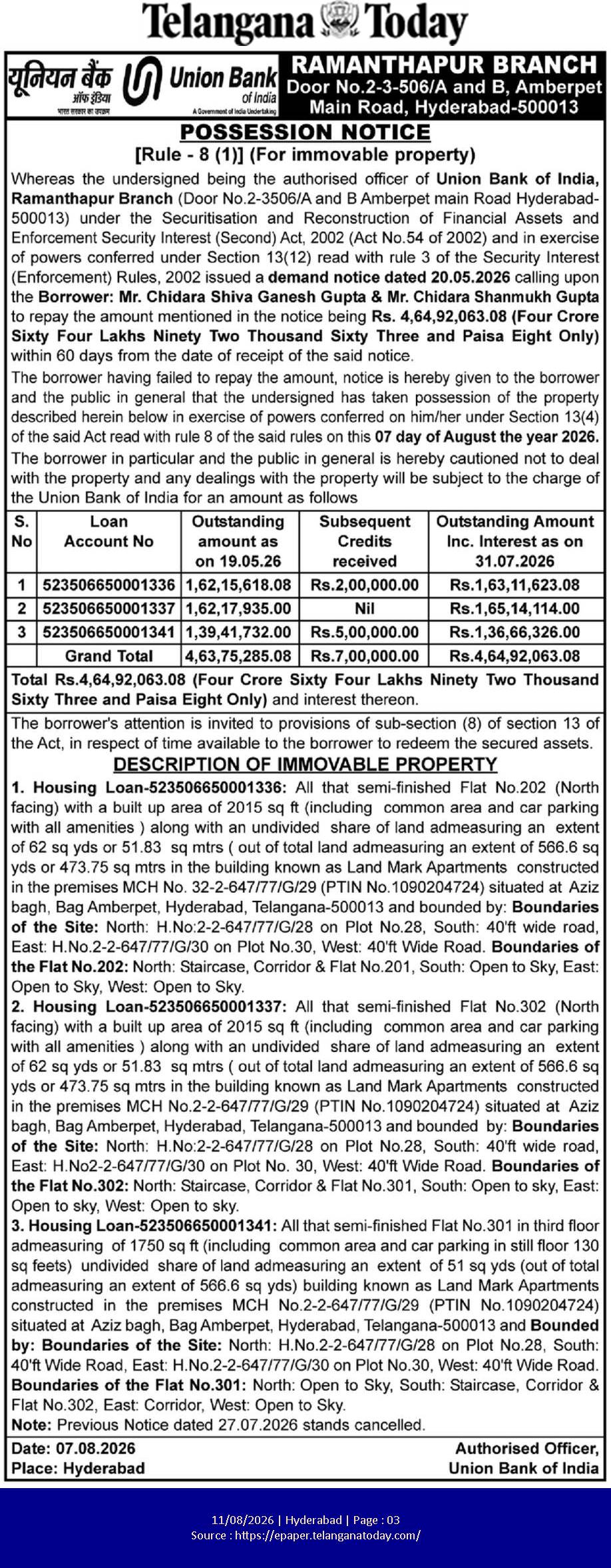 Union Bank of India Possession Notice – Ramanthapur Branch (August 2026)