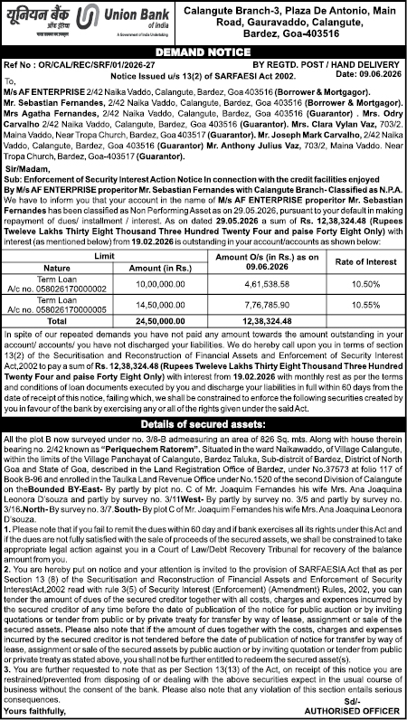 Union Bank of India SARFAESI Demand Notice: M/s AF Enterprise