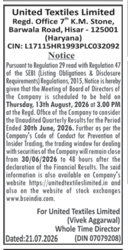 United Textiles Limited: Notice of Board Meeting