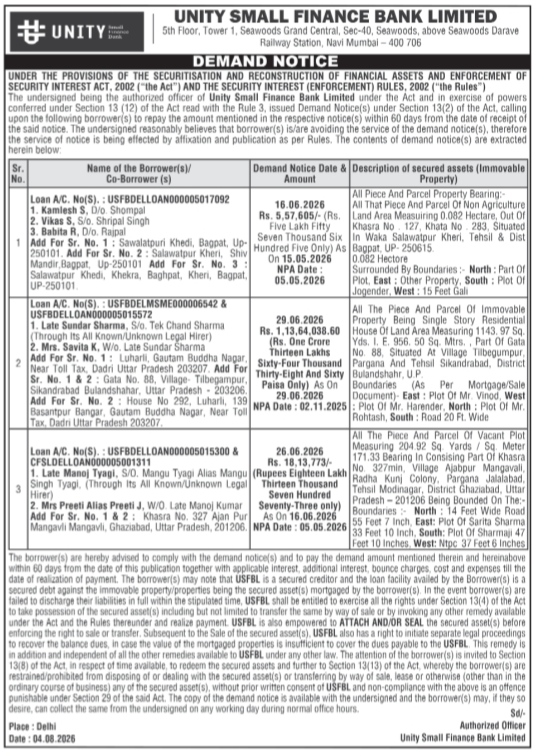 Unity Small Finance Bank Demand Notice
