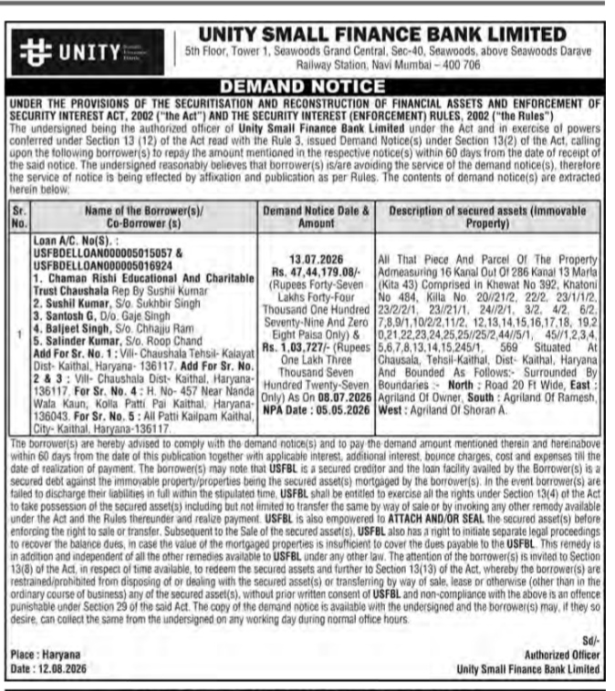 Unity Small Finance Bank Limited Demand Notice