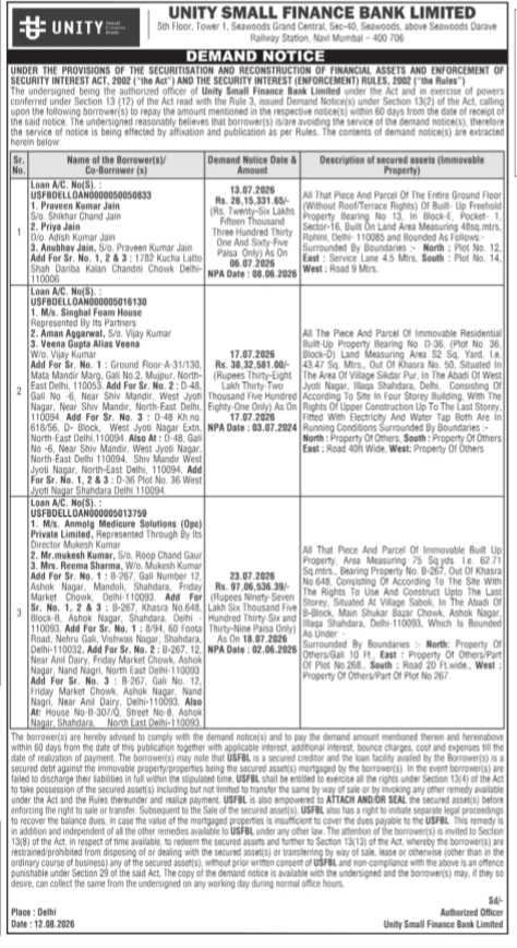 Unity Small Finance Bank Limited – SARFAESI Demand Notice (August 2026)