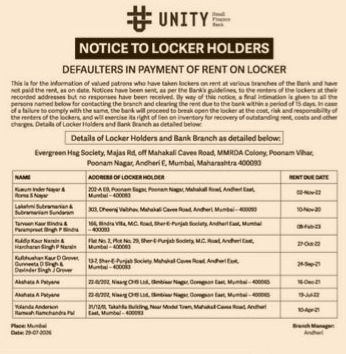 Unity Small Finance Bank Notice to Locker Rent Defaulters