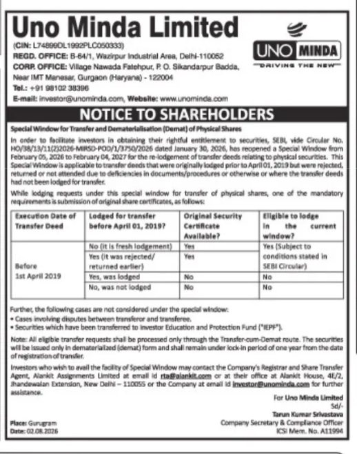 Uno Minda Limited Notice to Shareholders (2026)