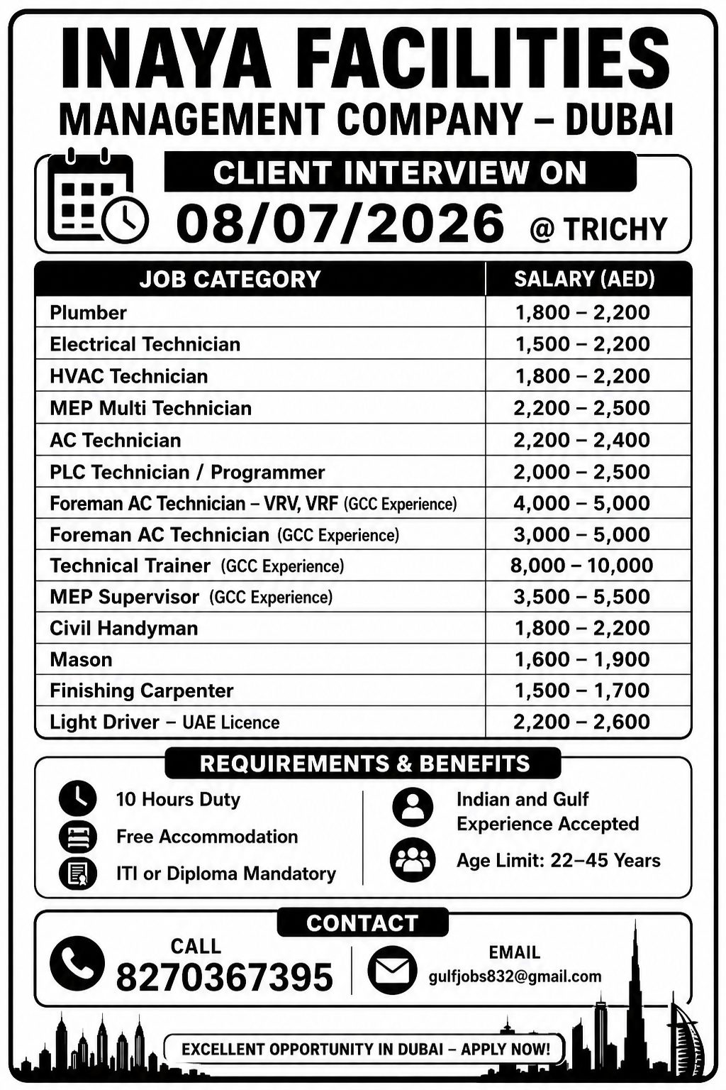 URGENT HIRING FOR DUBAI