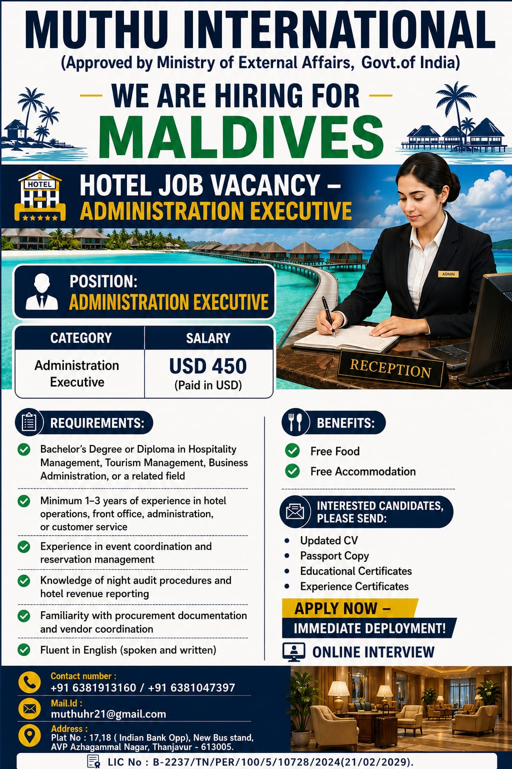 URGENT HIRING FOR MALDIVES