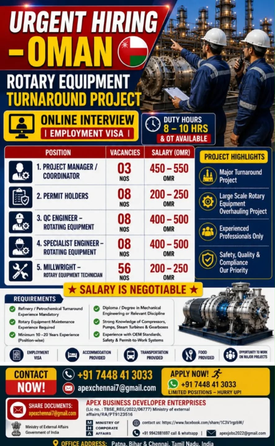 URGENT HIRING FOR OMAN PROJECT