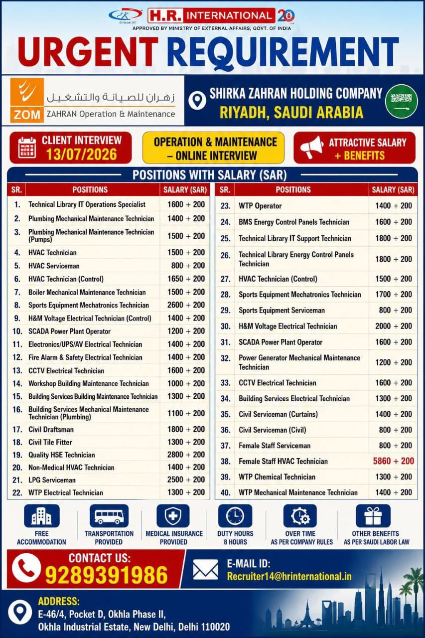 URGENT HIRING FOR SAUDI ARABIA
