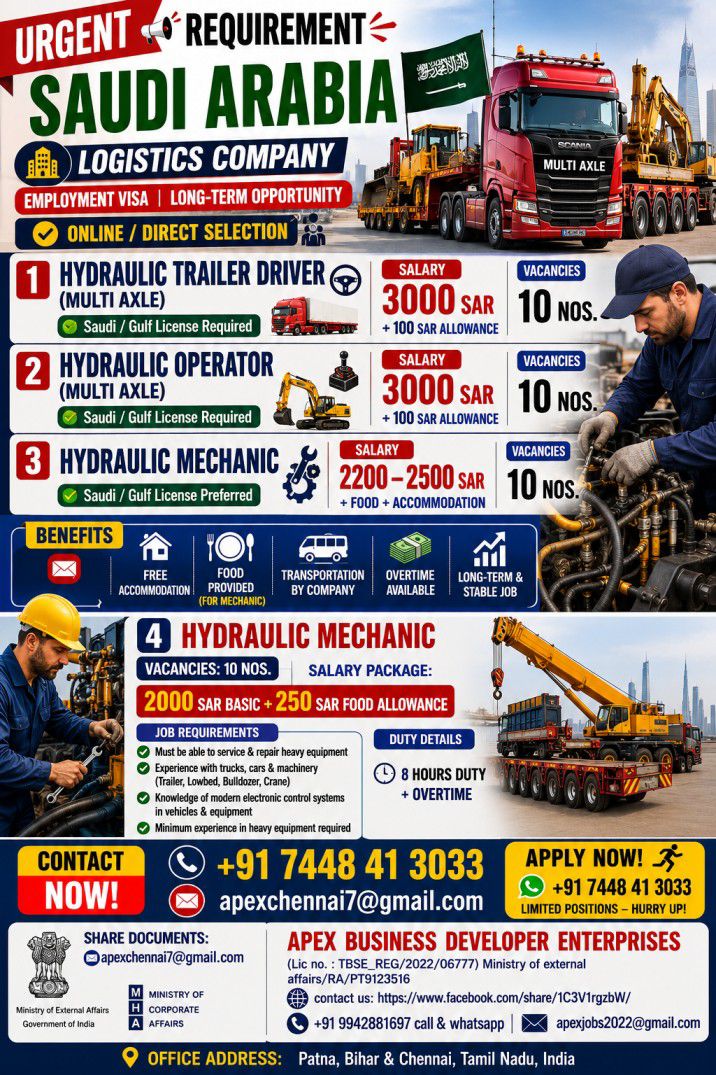 URGENT HIRING FOR SAUDI ARABIA